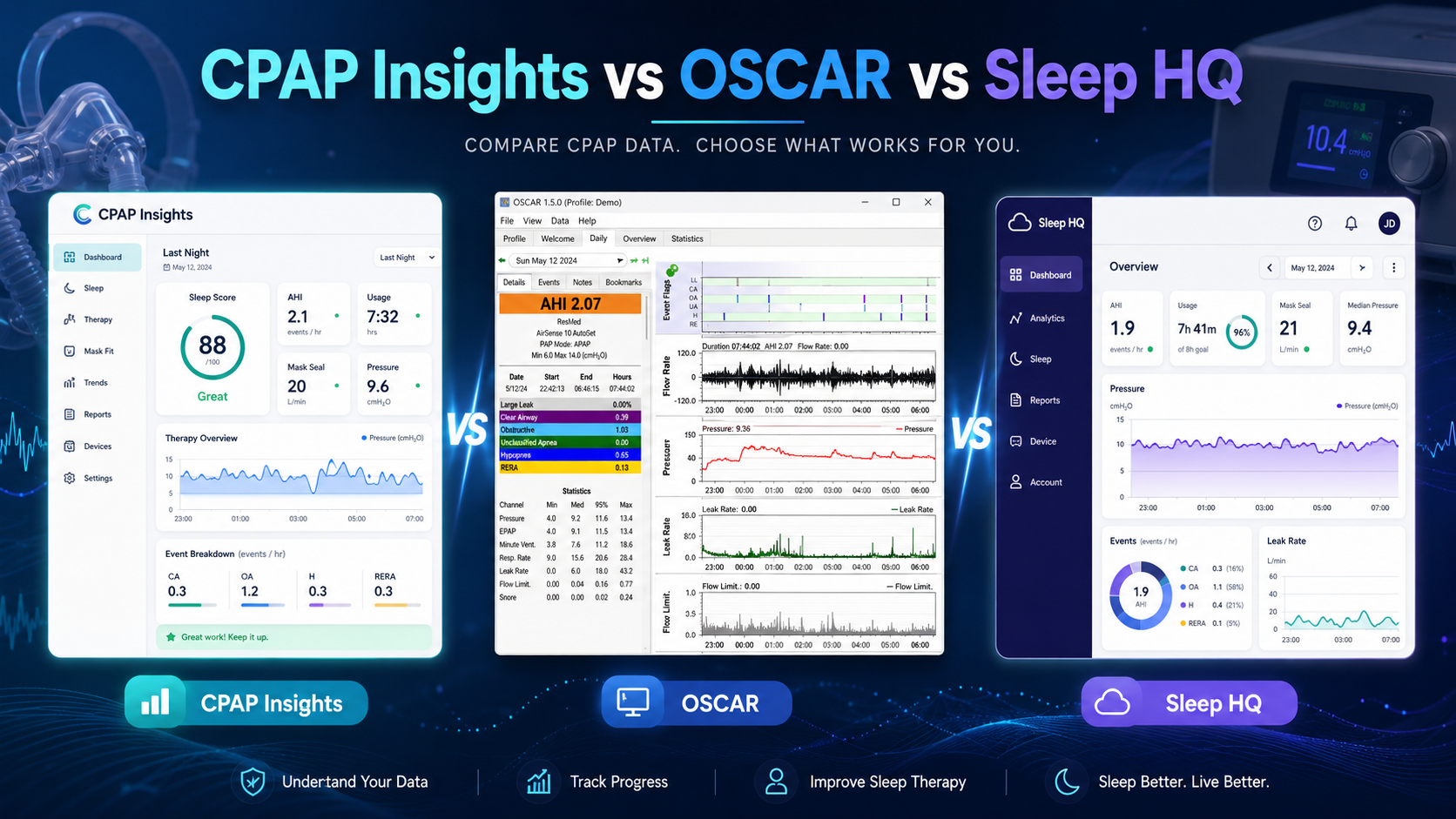 Comparison of OSCAR, SleepHQ, and CPAP Insights for reading CPAP SD card data